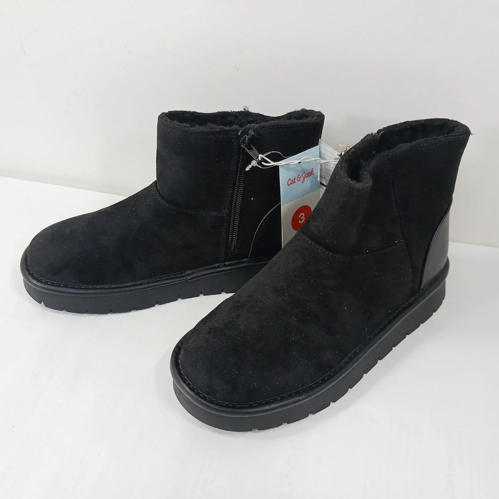 Cat & Jack Honor Girls Black Faux Suede Faux Fur Lined Winter Boots Size 3 NEW